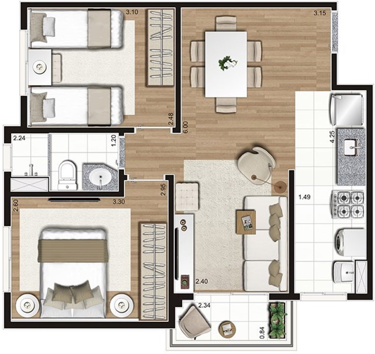 Planta 51 m² | Praças da Cidade – Brás - São Paulo - São Paulo Planta 51 m² | Praças da Cidade – Apartamento no Brás - São Paulo - São Paulo